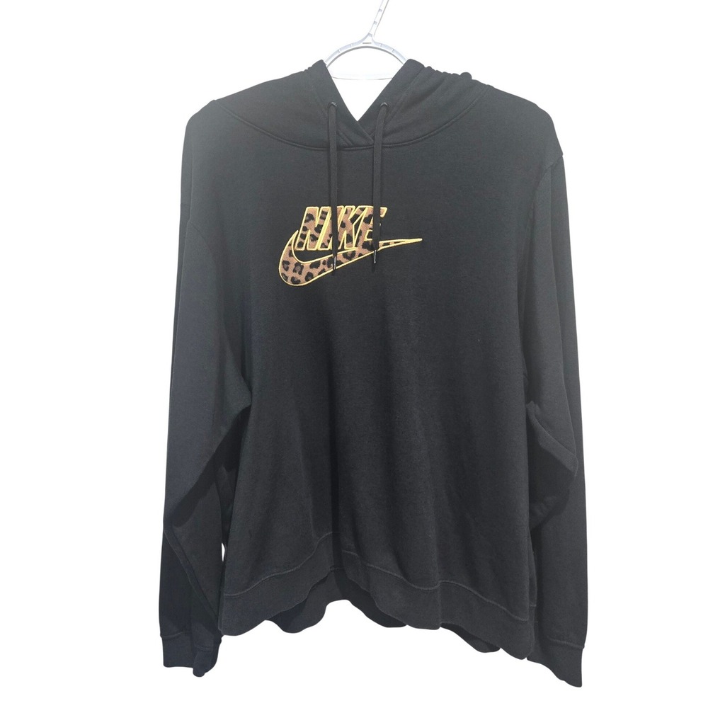 Nike Hoodie Womens XL Black Leopard Print Embroidered Logo Pullover Sweatshirt